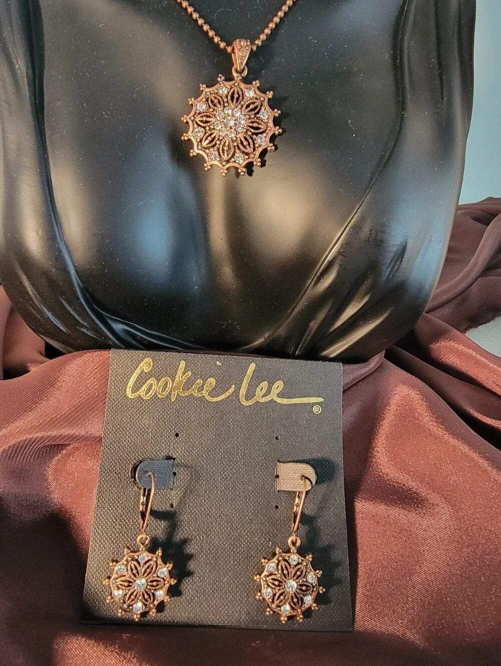 Women's Cookie Lee Rose Gold Filigree Pendant Necklace and Earrings Set